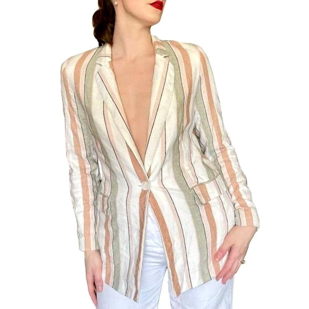 Rachel Zoe Pastel Striped Linen Oversized Padded Shoulder Blazer Jacket Size XS